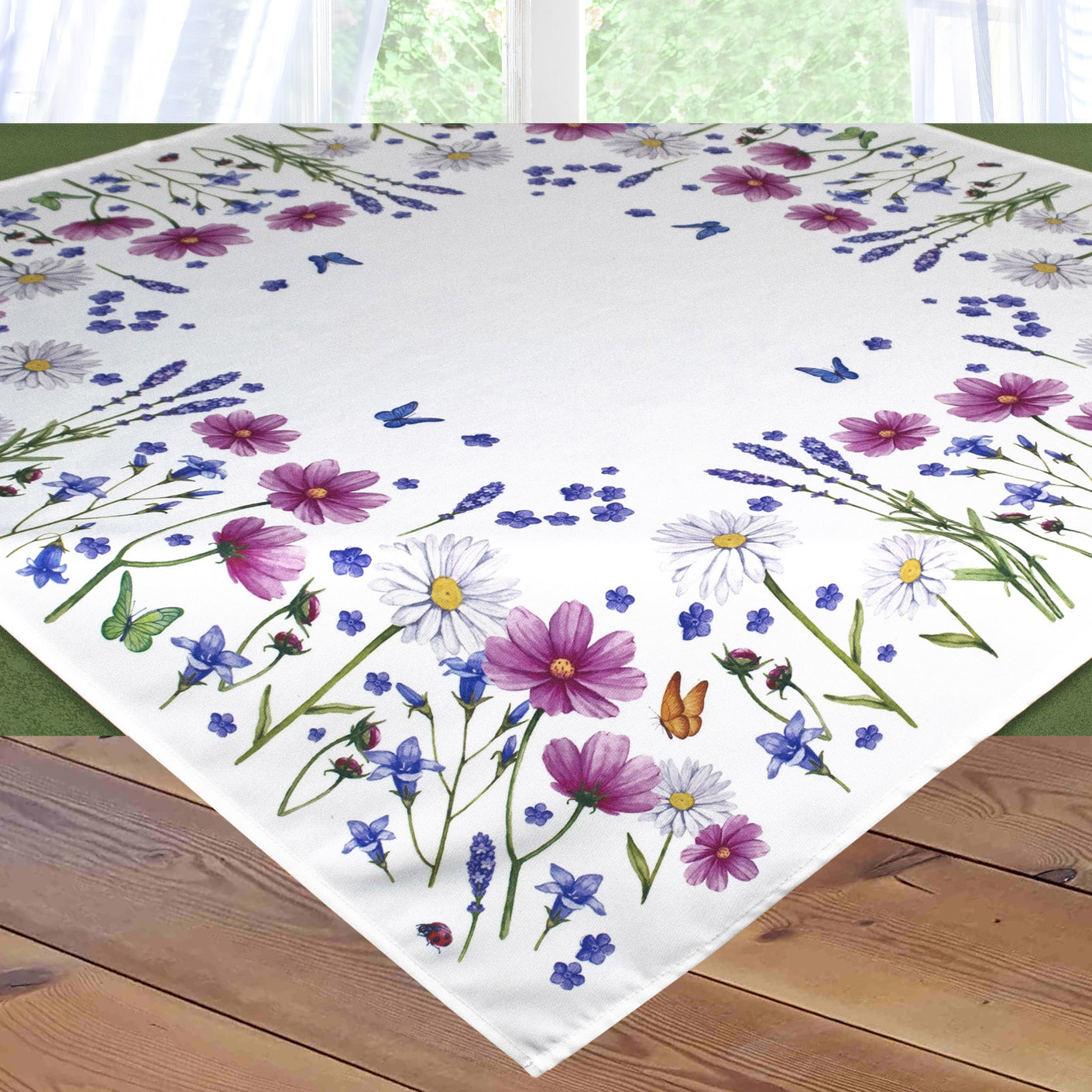 Fischer Fensterbilder Tischdecke "Cosmea" 85x85cm