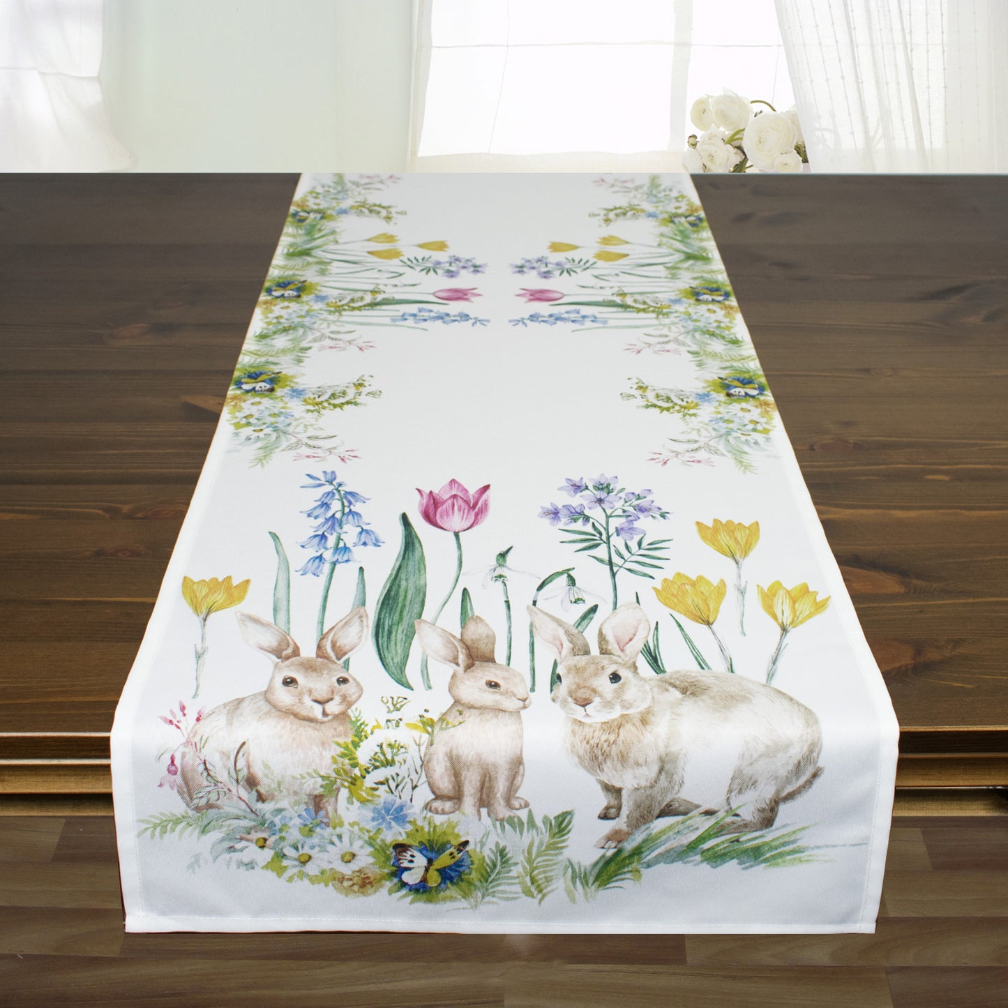 Fischer Fensterbilder Tischläufer mit Digitaldruck 40x140cm Hasen mit Blumen