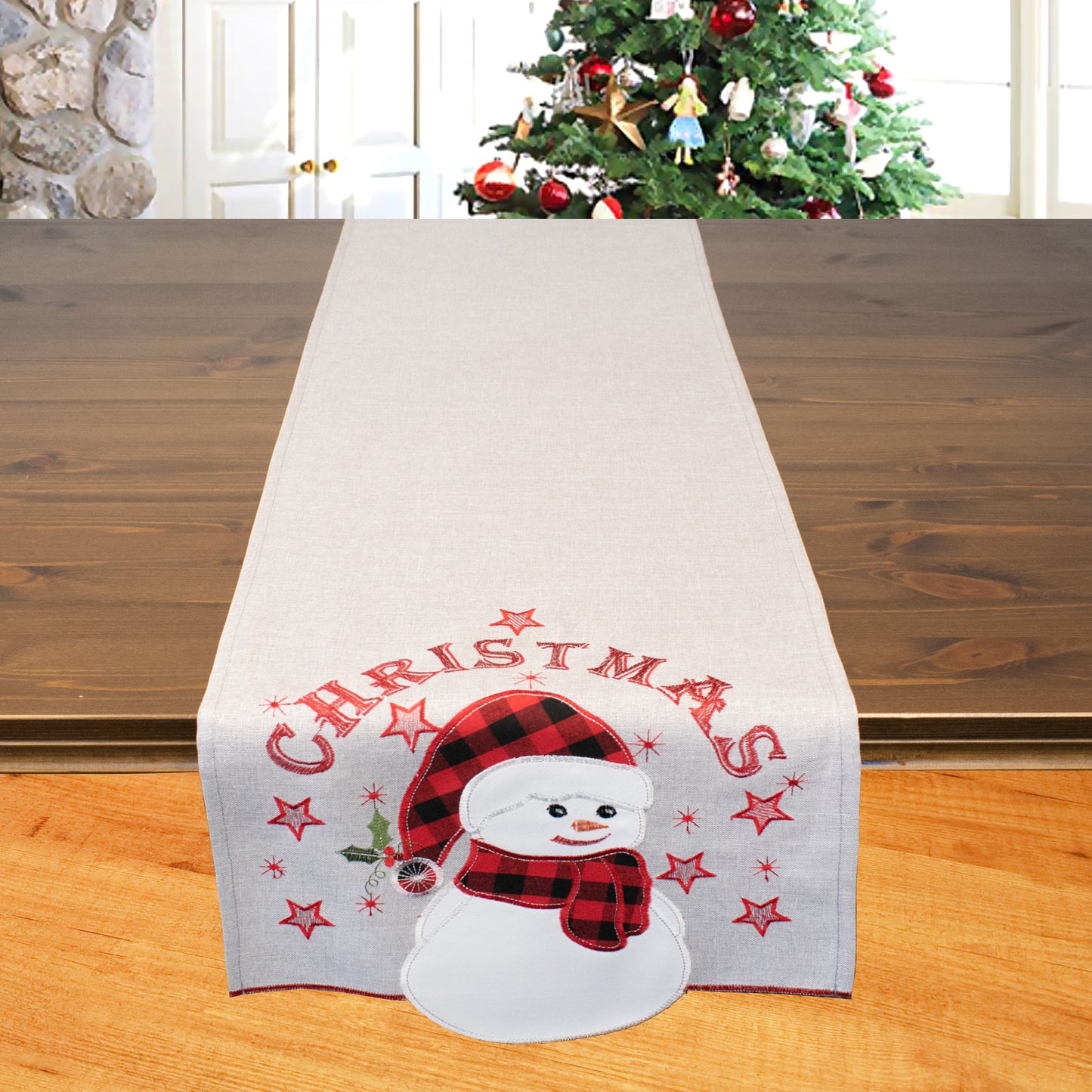 FIscher window pictures table runner appliqué with snowman 36x140cm