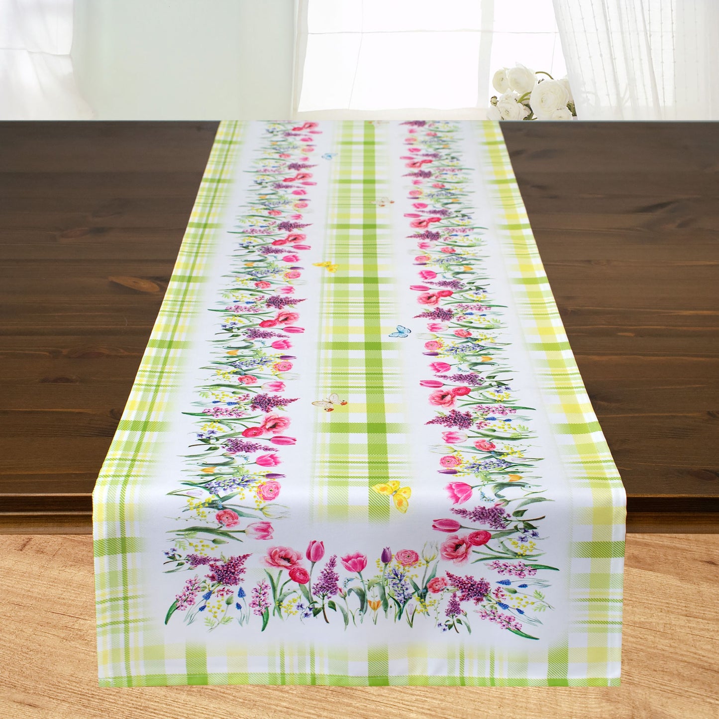 Camino de mesa 85x85cm con impresión digital "Flores y Cuadros"