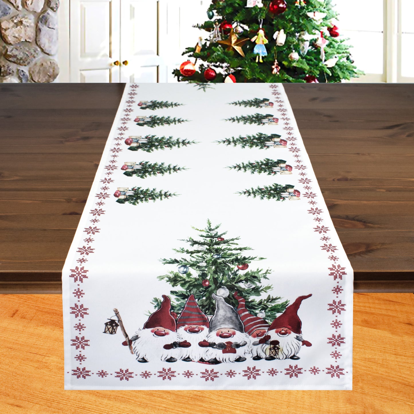 Fischer window pictures table runner with Christmas gnomes in Danish style