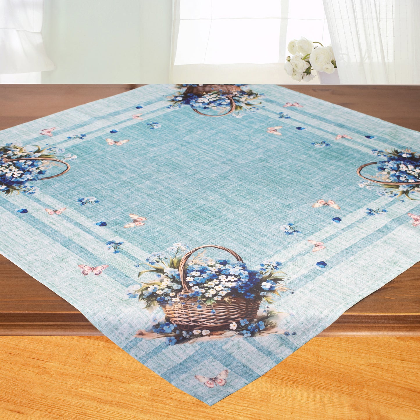 Fischer Fensterbilder Tischdecke mit Digitaldruck "Blumen und Bienen" 85x85cm