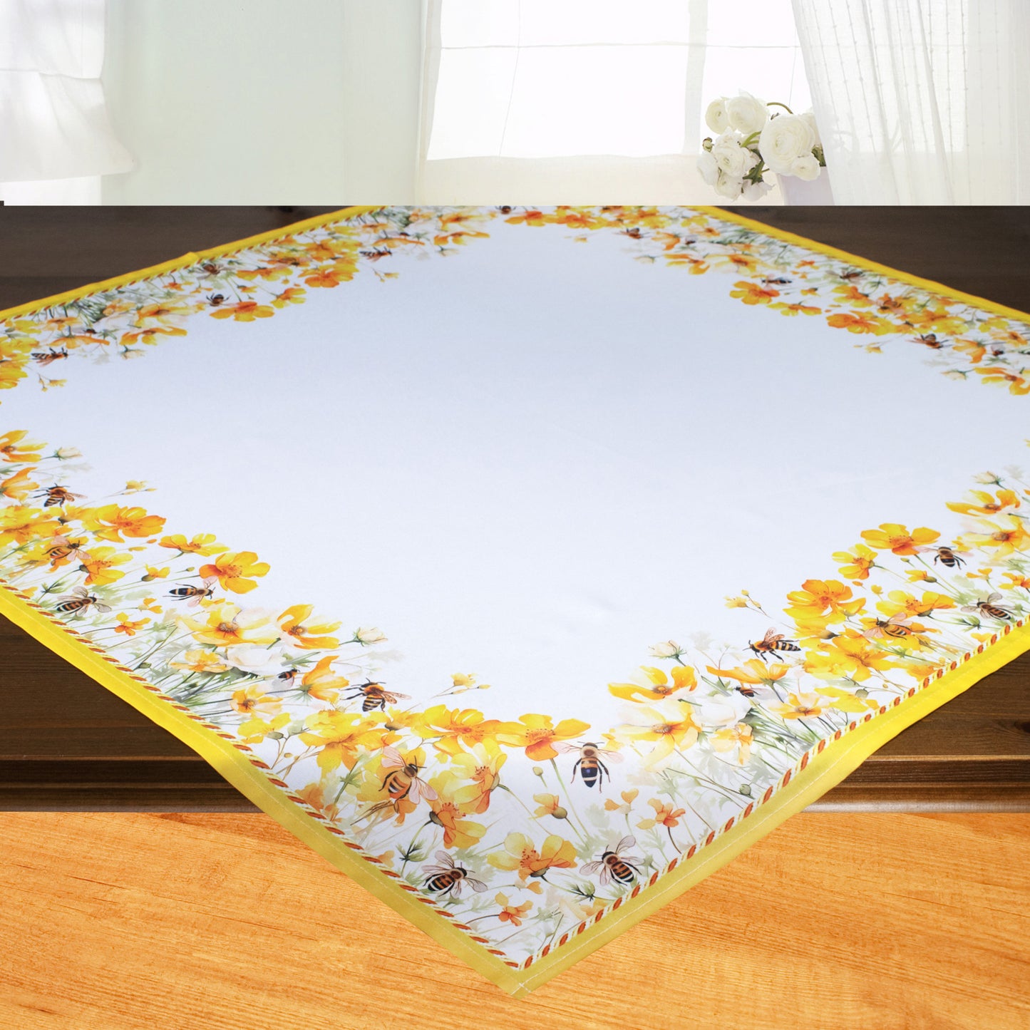 Fischer window pictures tablecloth with digital print "Flowers and Bees" 85x85cm