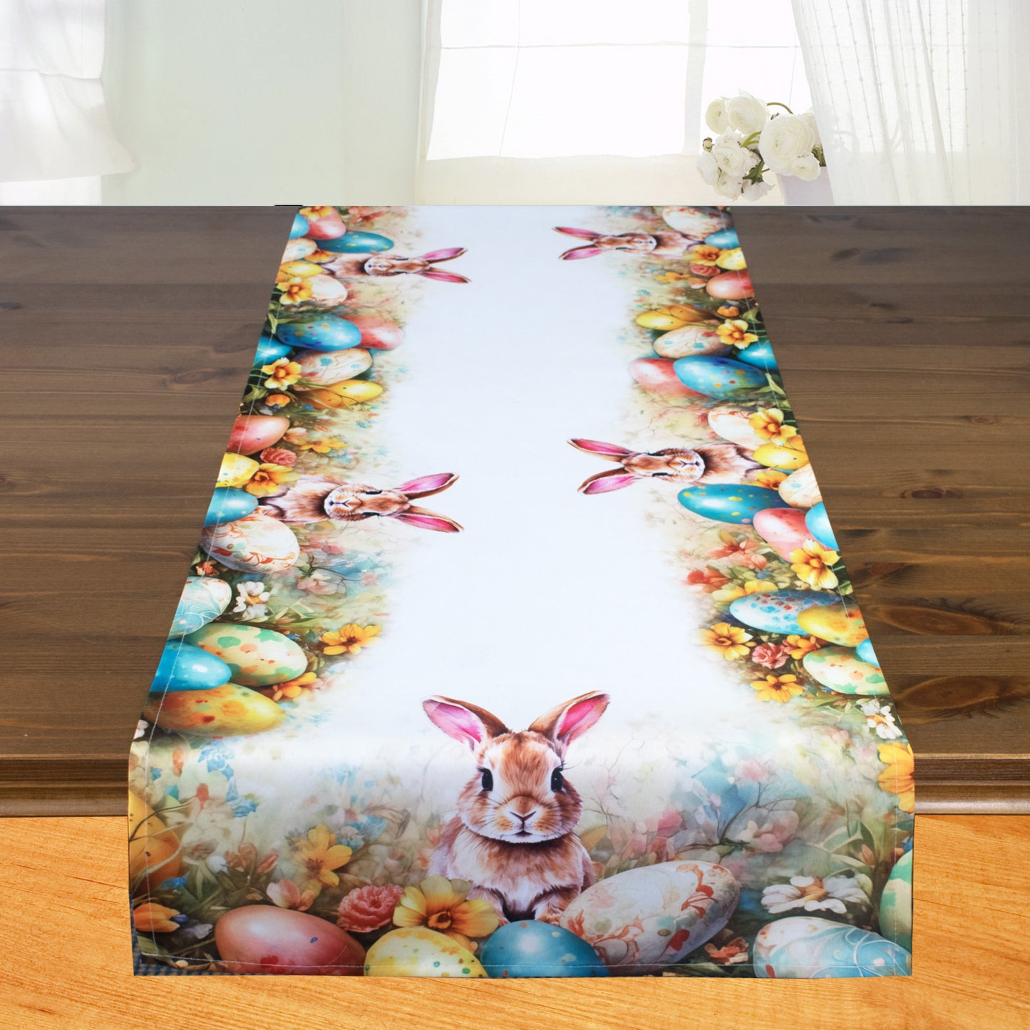 Fischer Fensterbilder Tischläufer mit Digitaldruck 40x140cm Hase und bunte Ostereier