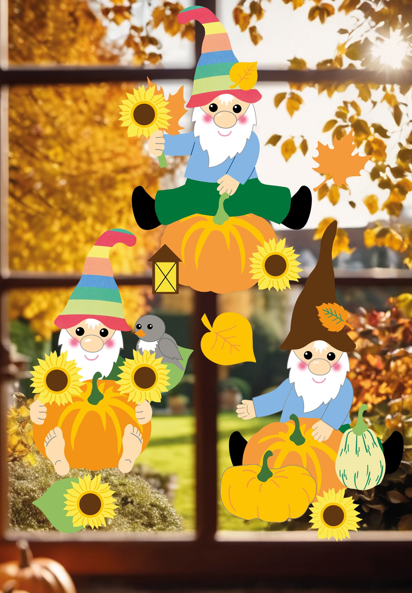 Fischer Fensterbilder Wichtel bei der Kürbisernte