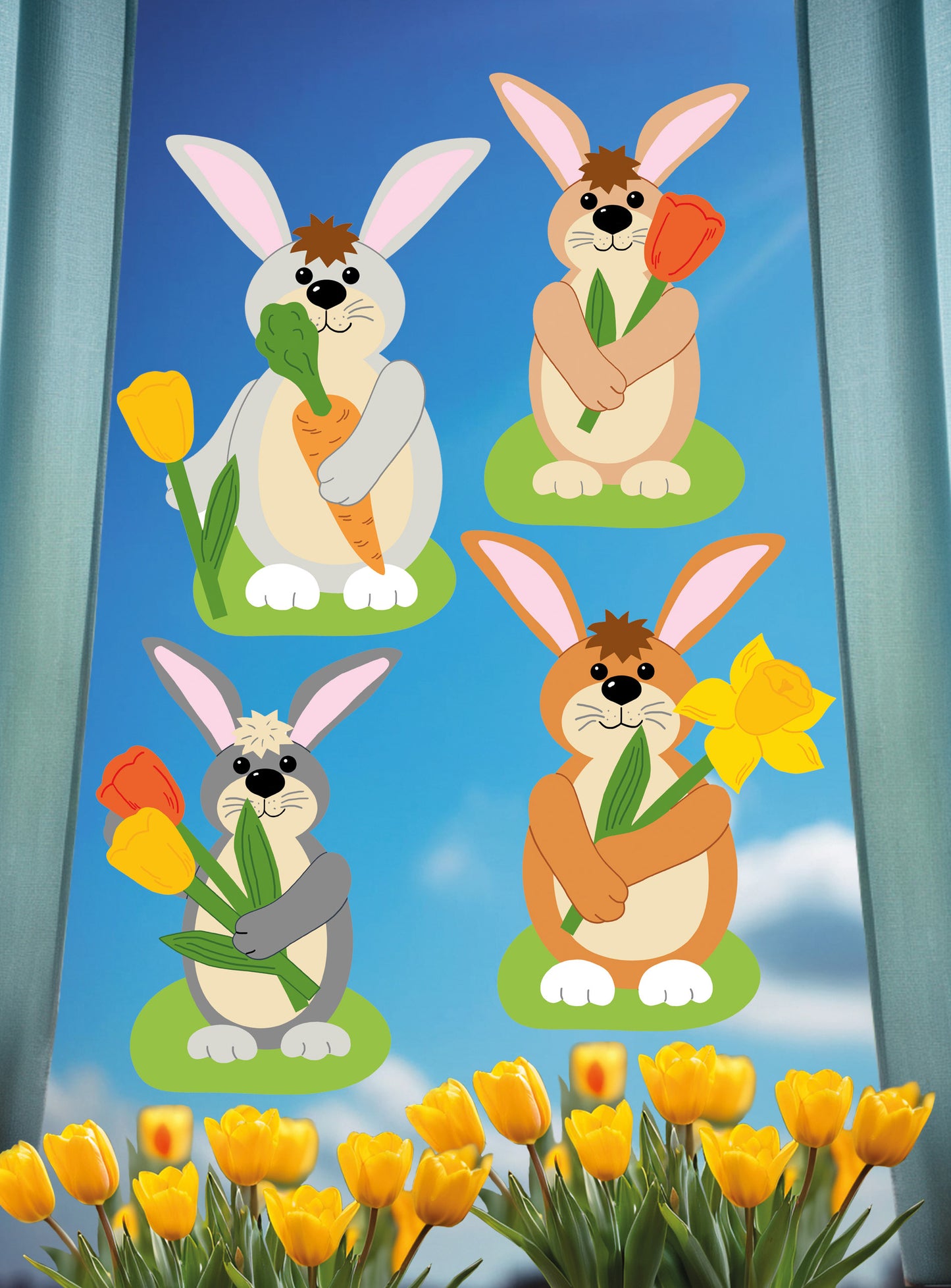Fischer window pictures rabbits with flowers