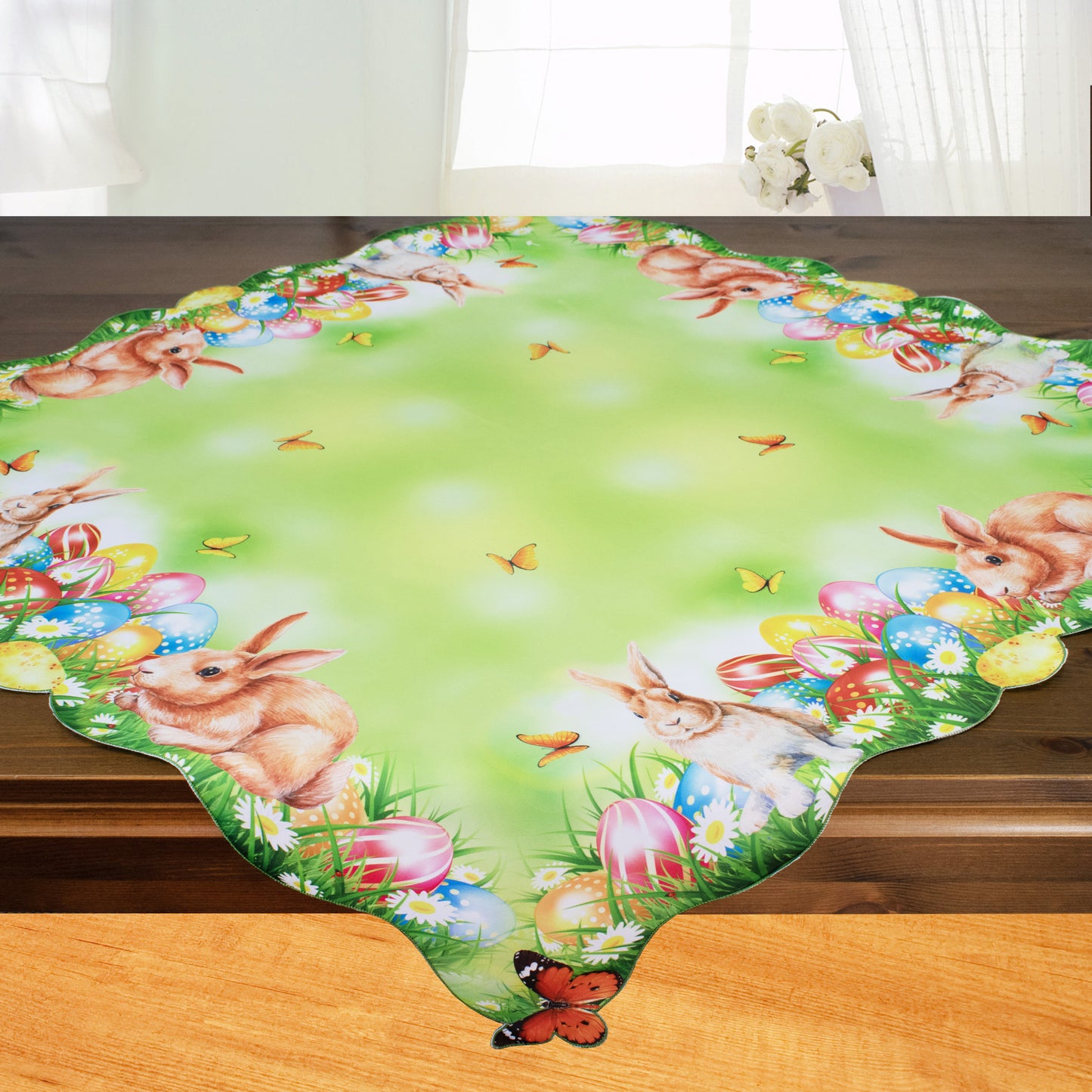 Fischer window pictures tablecloth with digital print "Easter Bunny Meadow" 85x85 cm