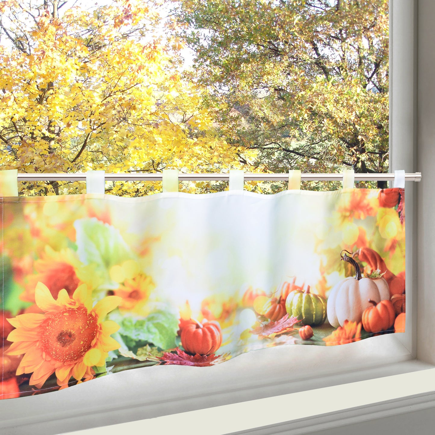 Fischer Fensterbilder Herbst Herbstblätter Kürbis gelb Scheibengardine Bistrogardine 45 x 120cm