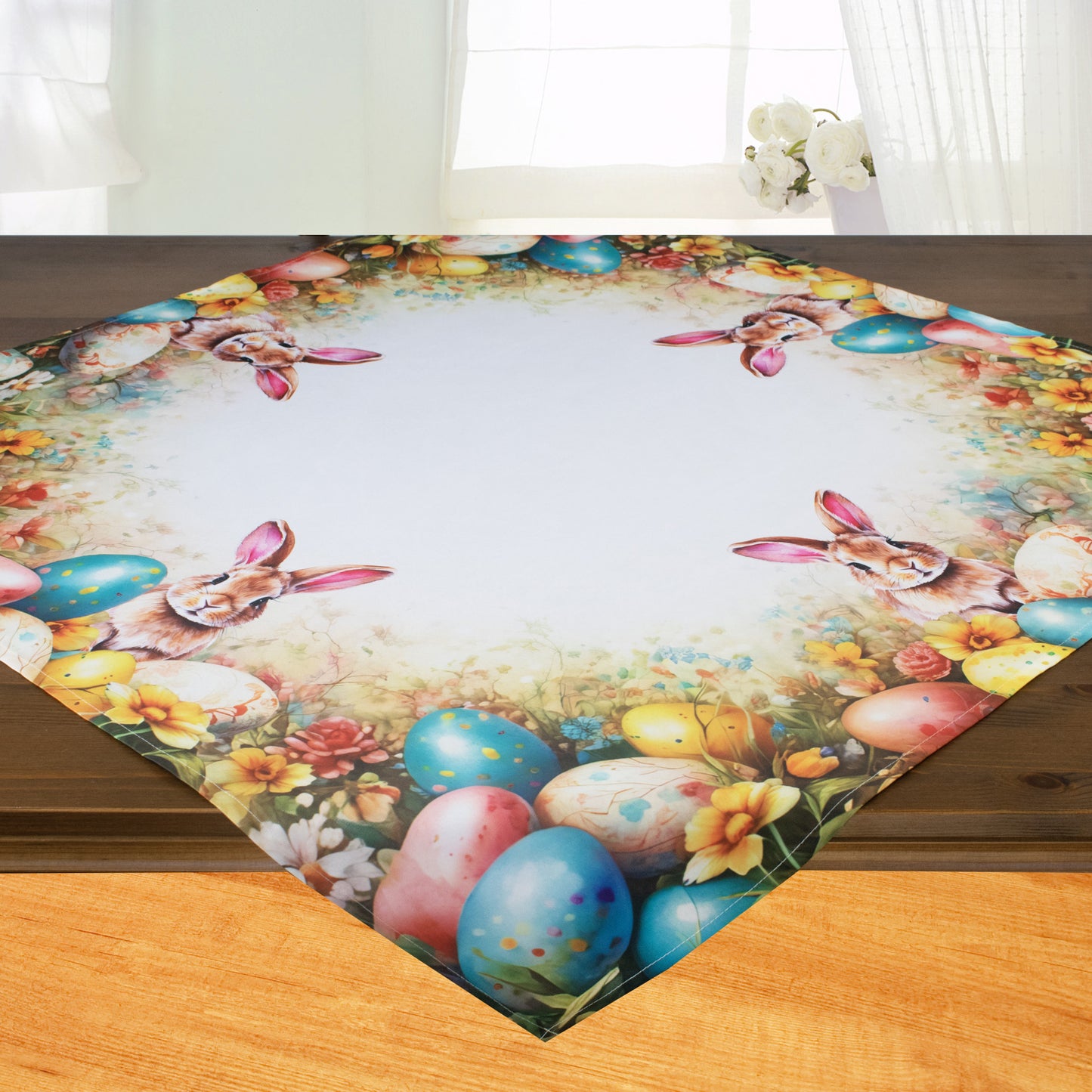 Fischer Fensterbilder Tischdecke mit Digitaldruck 85x85cm,  Osterhase und bunte Ostereier