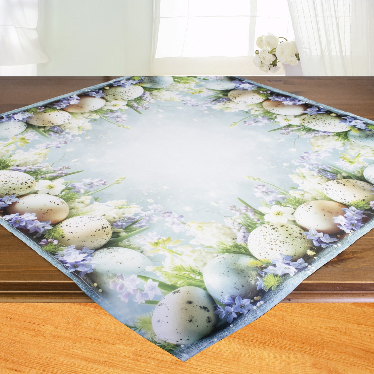 Fischer Fensterbilder Tischdecke "Ostereier mit Blumen " 85 x85