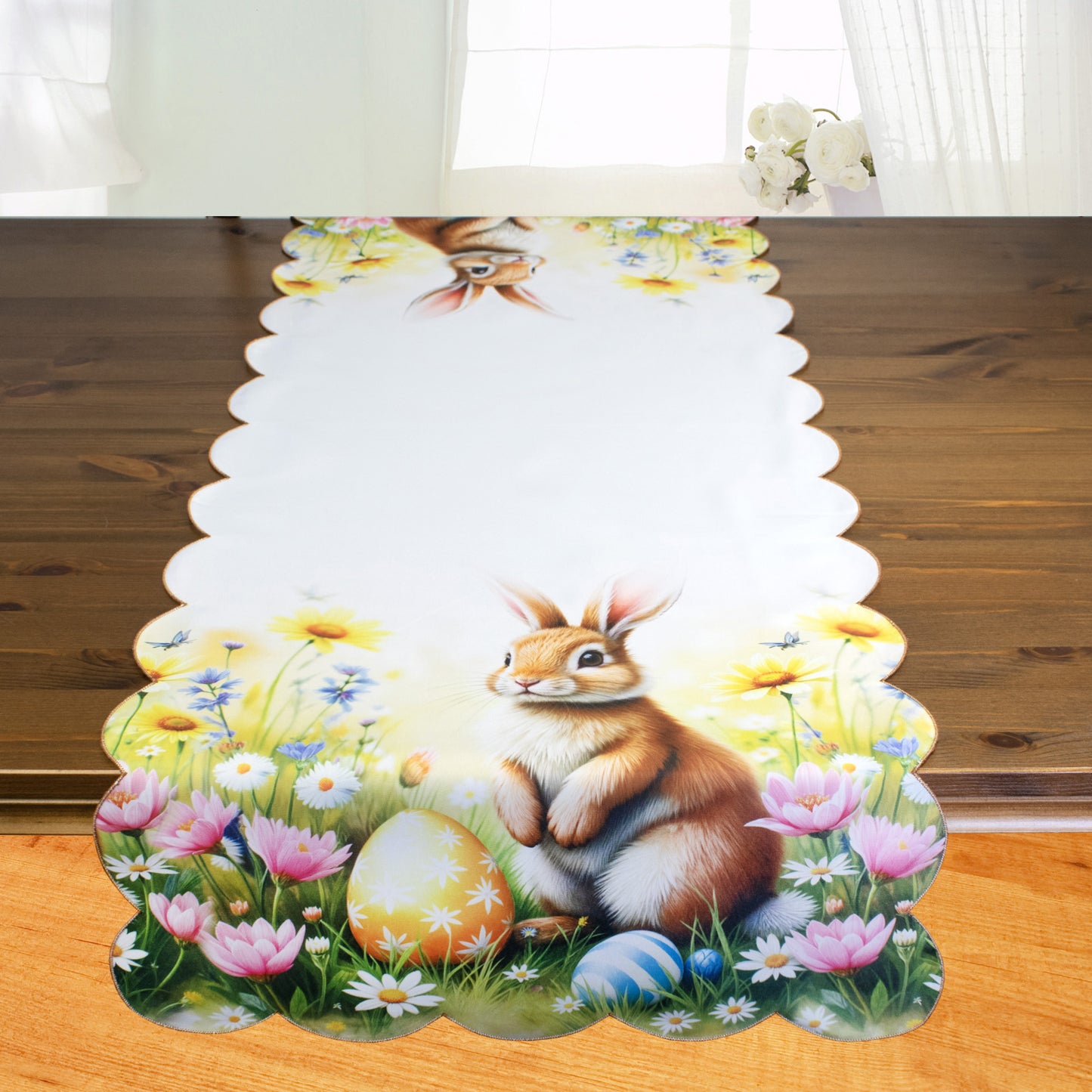 Fischer Fensterbilder Tischläufer "Osterhase auf einer Blumenwiese " 40 x140