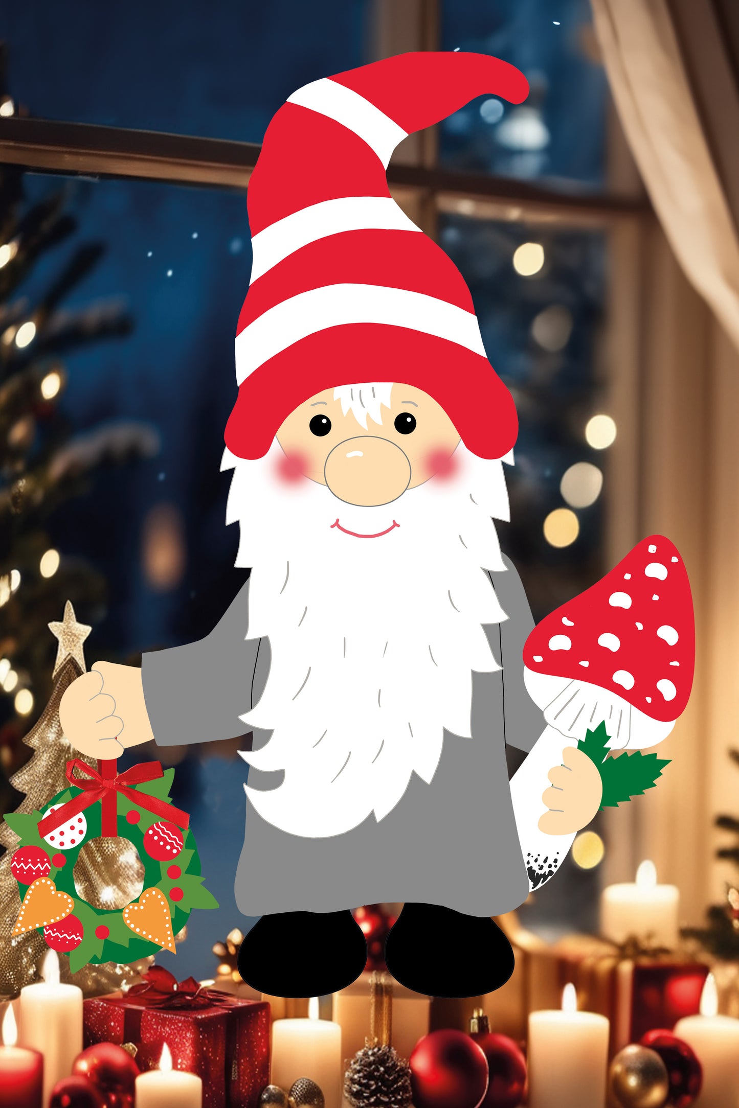 Fischer Fensterbilder  Großer Wichtel mit Kranz