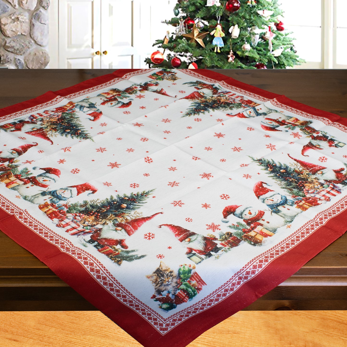 Fischer Fensterbilder Mitteldecke Tischdecke Weihnachtswichtel und Schneemann 85x85cm